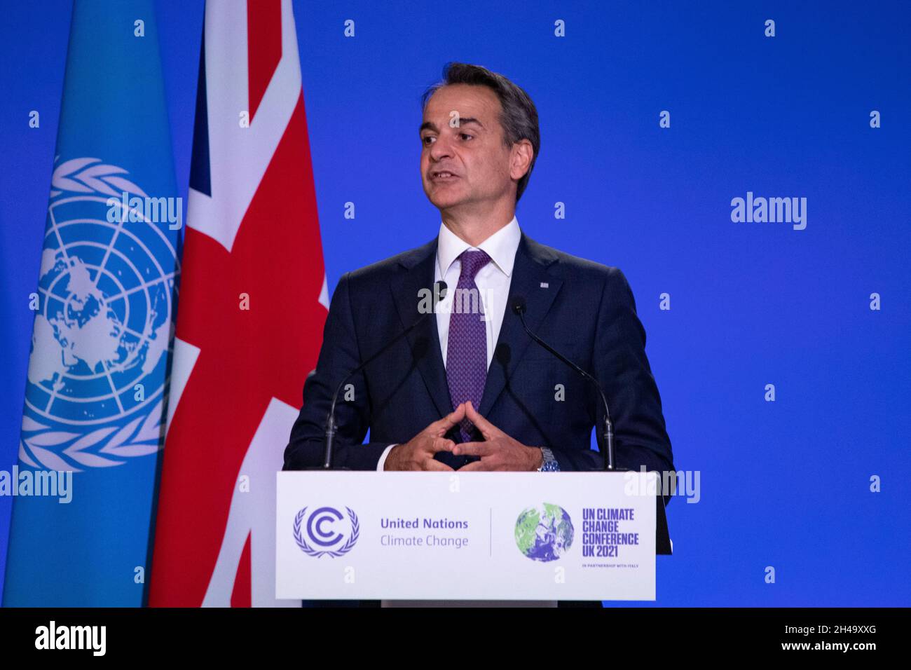 Glasgow, Schottland, Großbritannien. November 2021. IM BILD: Kyriakos Mitsotakis, Premierminister von Geece, sprach vor der COP26-Klimakonferenz. Quelle: Colin Fisher/Alamy Live News Stockfoto