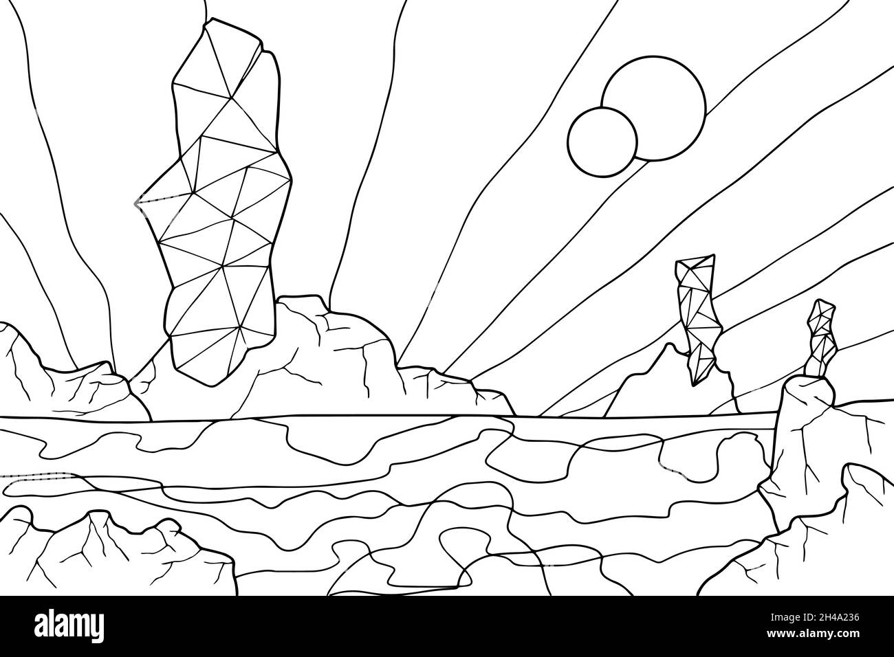 Doodle außerirdische Fantasy-Landschaft mit großen Krater Malseite für Erwachsene. Fantastische psychedelische Grafik. Vektor von Hand gezeichnet einfach flach illustrr Stock Vektor