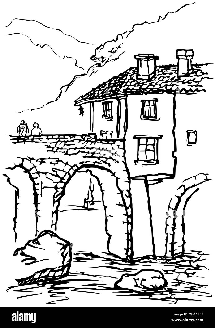 Schwarz-weiße Skizze einer alten Brücke und eines Hauses vor einem Hintergrund von Bergen. Stock Vektor
