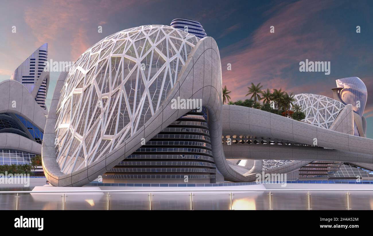 Futuristische Stadtarchitektur mit Nahaufnahme organischer Strukturen, für Science-Fiction- und 3d-Illustrationen. Stockfoto