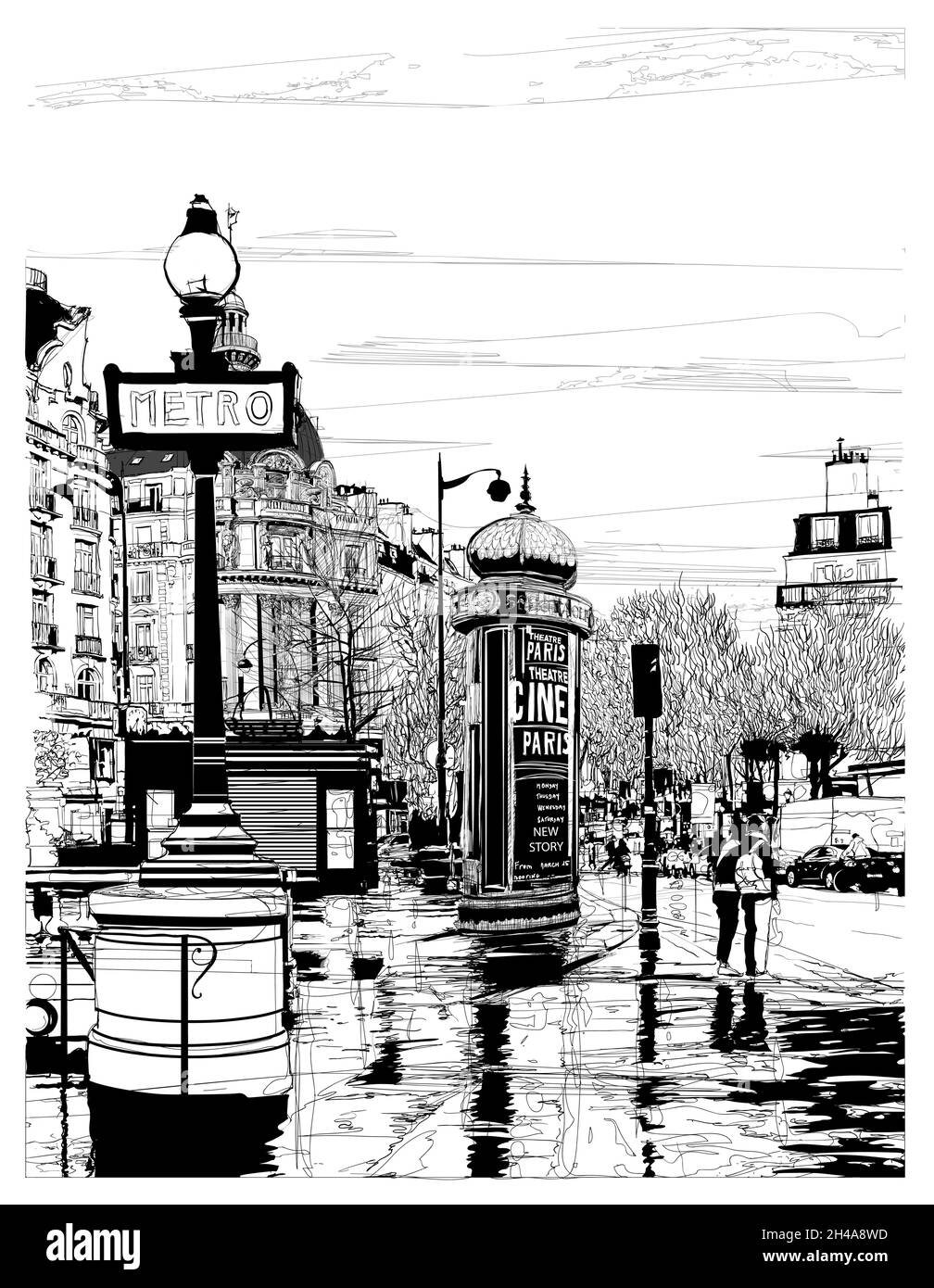 Pariser Straße bei Dämmerung nach Regen - Vektorgrafik Stock Vektor