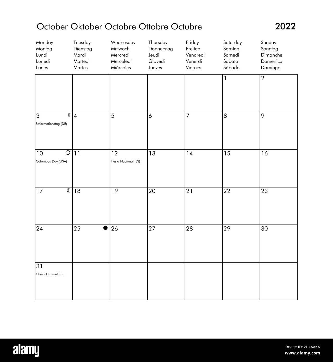 Oktober Internationaler Kalender des Jahres 2022 mit Feiertagen und Feiertagen für UK USA Deutschland Frankreich Italien Spanien Stockfoto