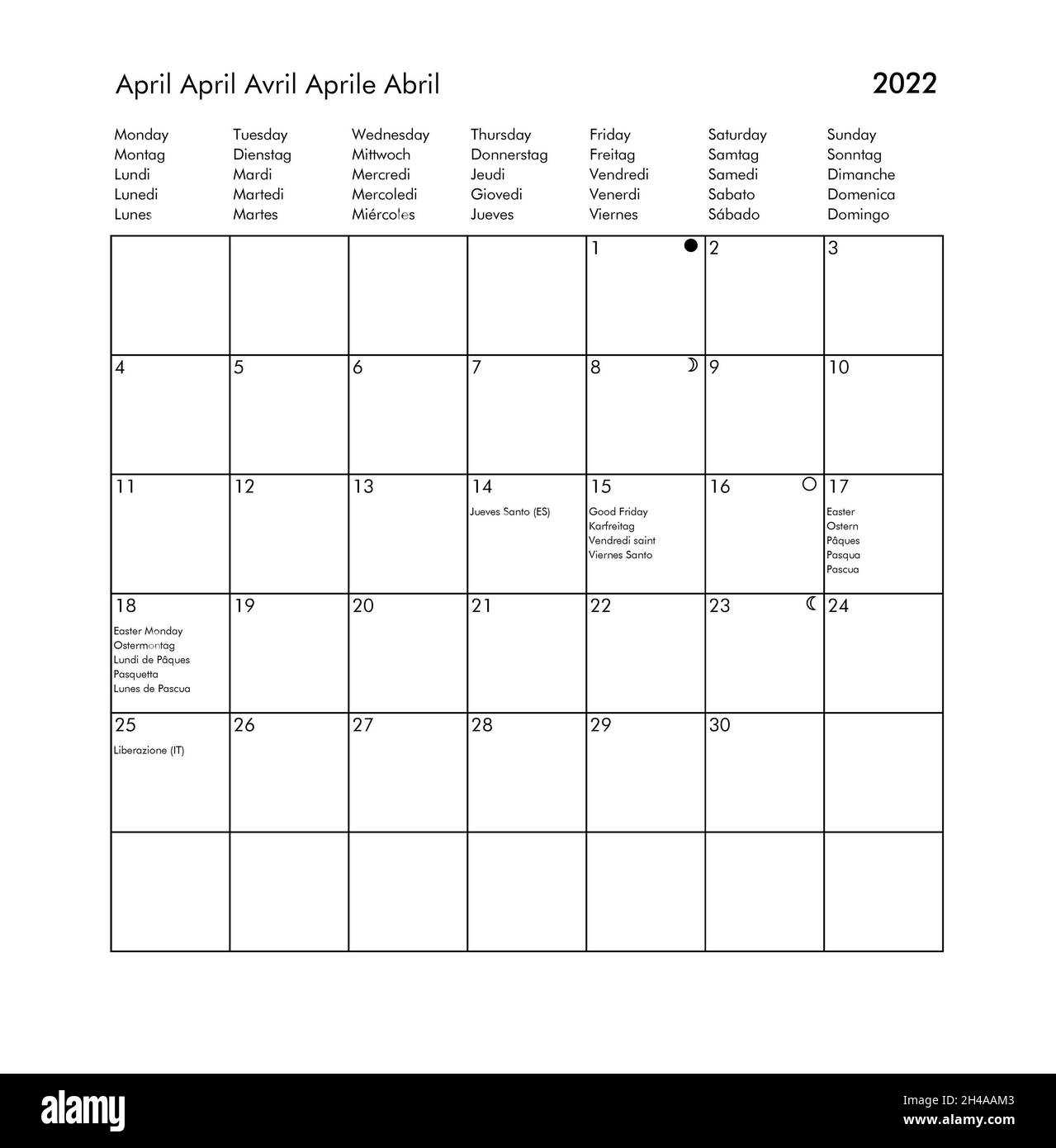 Internationaler April-Kalender des Jahres 2022 mit Feiertagen und Feiertagen für UK USA Deutschland Frankreich Italien Spanien Stockfoto