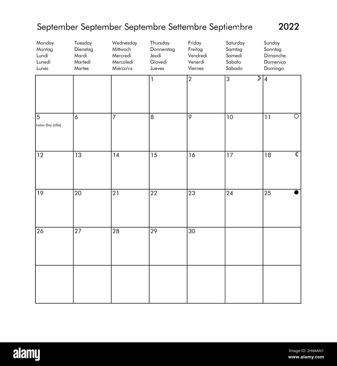 Internationaler Septemberkalender des Jahres 2022 mit Feiertagen und Feiertagen für UK USA Deutschland Frankreich Italien Spanien Stockfoto