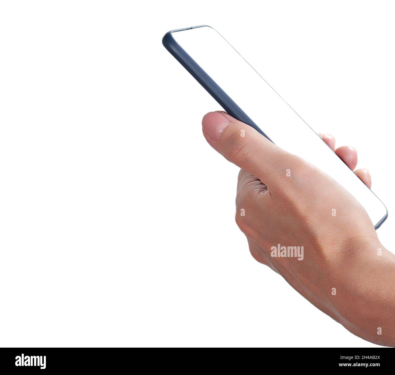 Smartphone in Frauenhand isoliert auf weißem Hintergrund. Simulation der Verwendung von Kommunikationsgeräten und -Gadgets Stockfoto