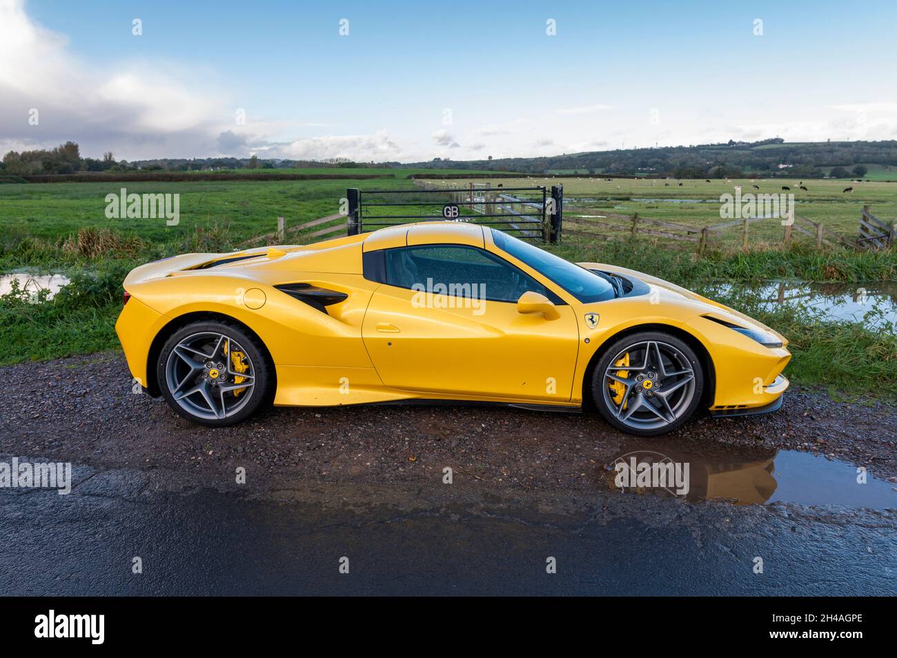 Gelber Ferrari F8 Spider Sportbekleidung, fotografiert auf den Gwent Levels, Castleton, South Wales, Großbritannien. Stockfoto