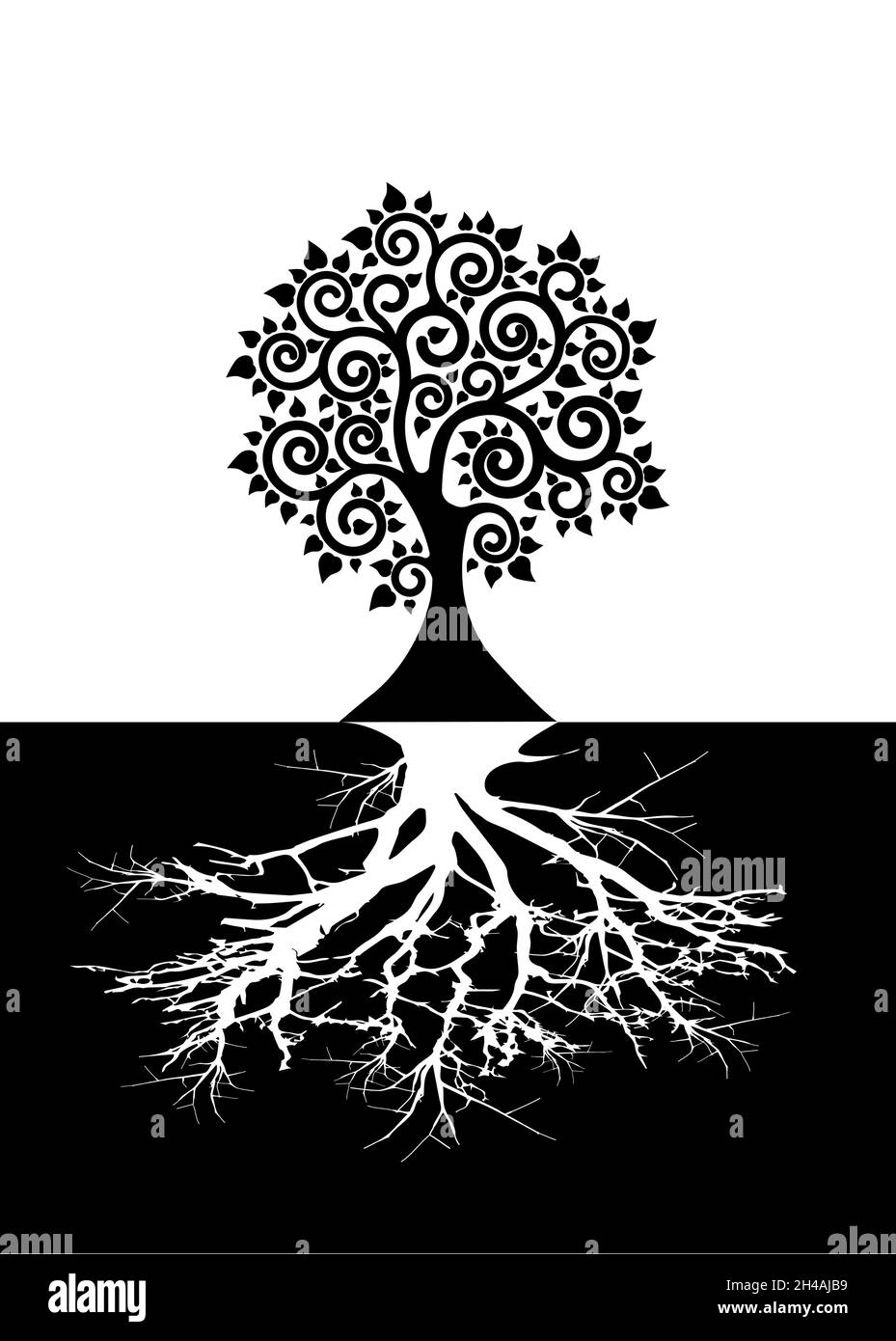 Konzept des heiligen Baumes des Lebens und der Wurzeln, die Bodhi-Baumlogo-Vorlage, Silhouette-Symbolvektor isoliert auf schwarzem und weißem Hintergrund Stock Vektor