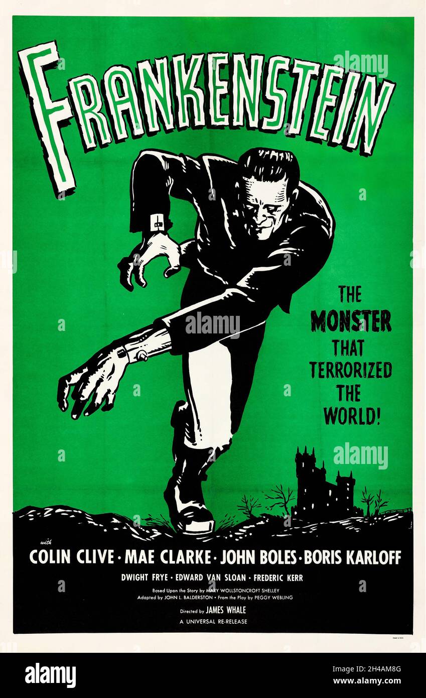 Frankenstein (Universal, R-1960s) grünes illustriertes Poster feat Boris Karloff. Stockfoto