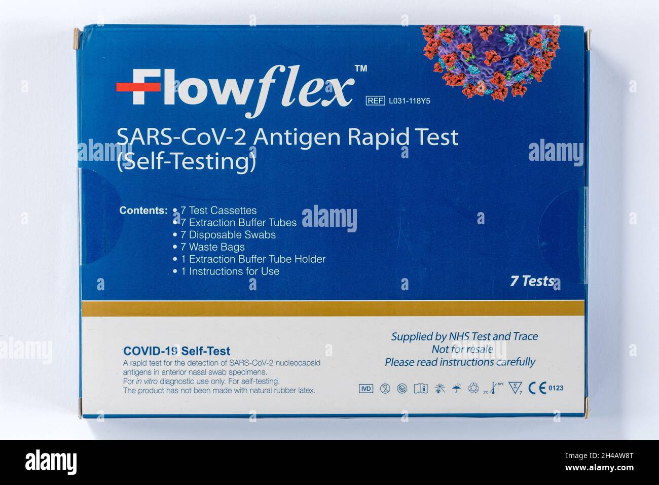 Flowflex Lateral-Flow-Selbsttest-Kit für das Covid-19-Virus (Coronavirus SARS-CoV-2-Antigen) – Packung mit 7 Tests, Großbritannien Stockfoto