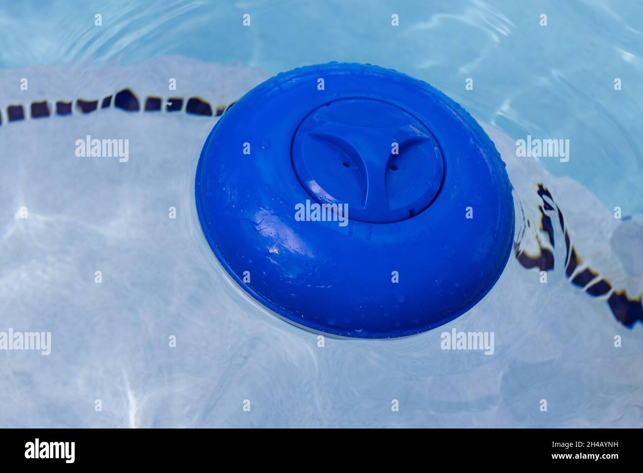 Blauer Chlorspender aus Kunststoff, der auf der Wasseroberfläche in einem Schwimmbad schwimmt. Stockfoto