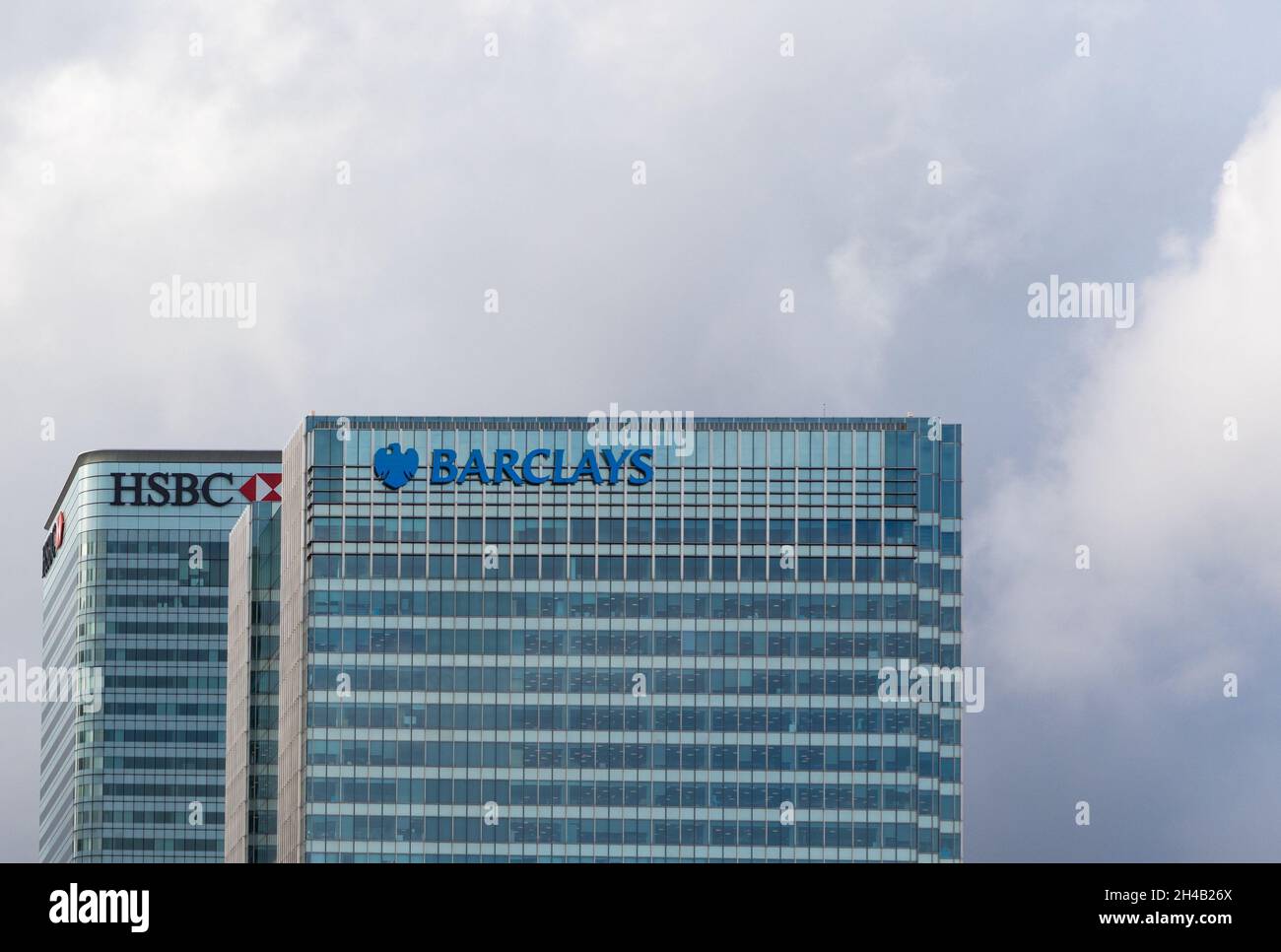 HSBC Global Headquarters und Barclay's Bank HQ in Canary Wharf, London, Großbritannien Stockfoto