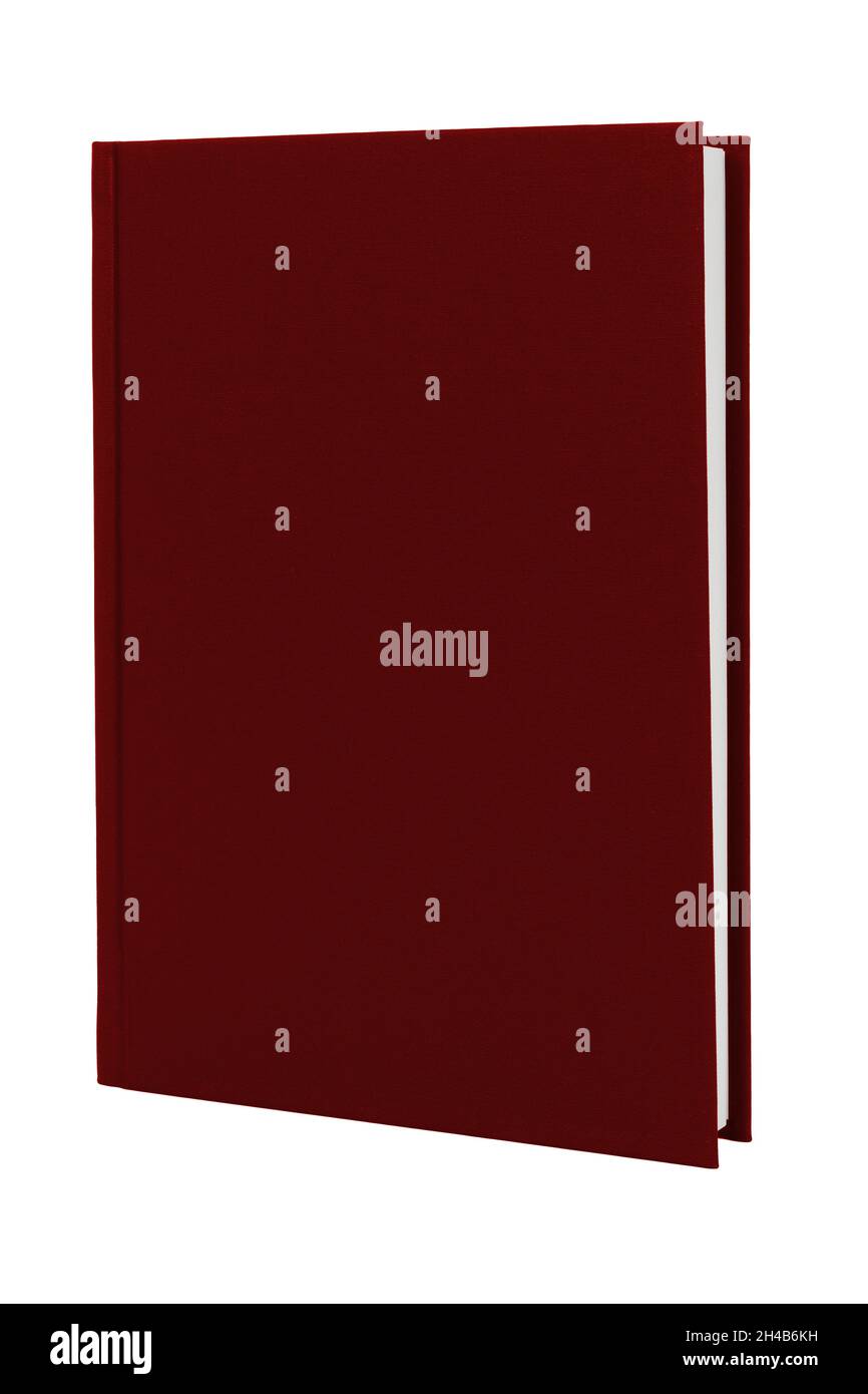 Rotes Hardcover-Buch aufrecht auf weiß mit Schneideweg Stockfoto