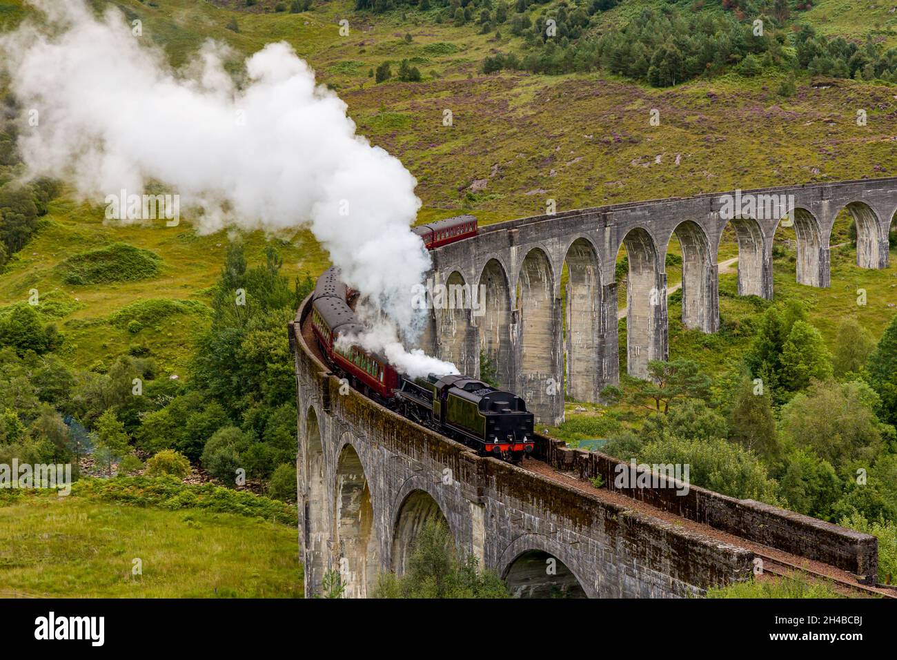 Langes gebogenes Viadukt im schottischen Hochland (Glenfinnan) Stockfoto