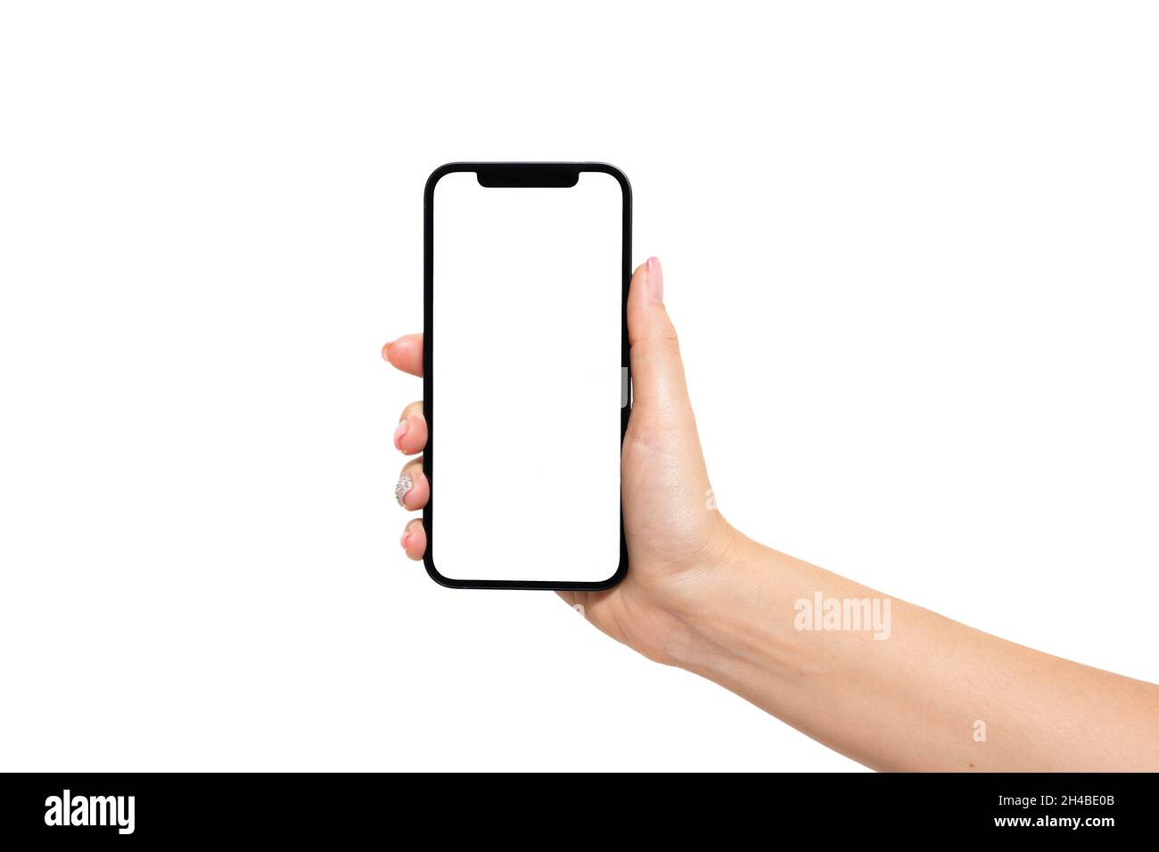 Frau Hand hält Smartphone mit leerem Bildschirm isoliert auf weißem Hintergrund. Telefonmodup Stockfoto