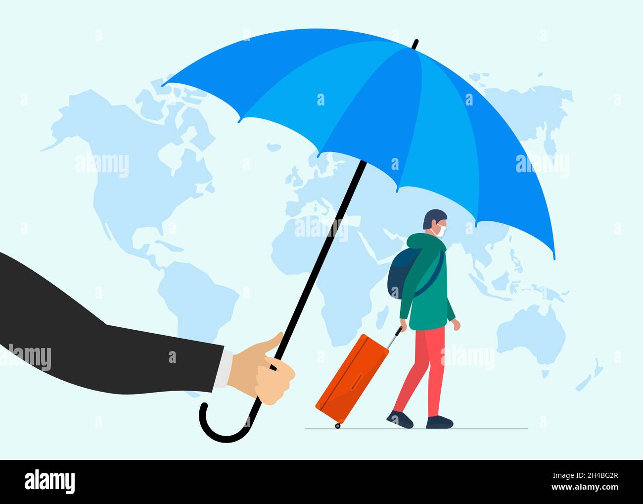 Reiseversicherungs-Konzept. Agent hält einen Regenschirm über dem Reisenden Mann mit einem Gepäckkoffer in einer Schutzmaske auf dem Hintergrund der Weltkarte. Sicherheitsweg Vektor eps Illustration Banner Stock Vektor