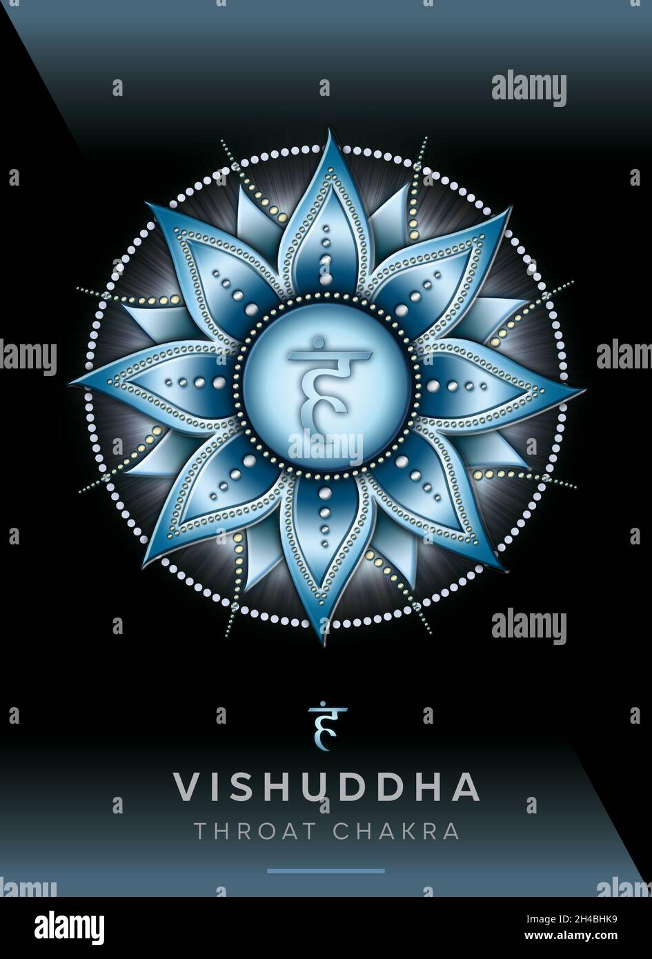 Chakra-Symbole, Kehle Chakra - VISHUDDHA - Kommunikation, Ausdruck, Kreativität, Inspiration - 'Ich REDE' Stockfoto