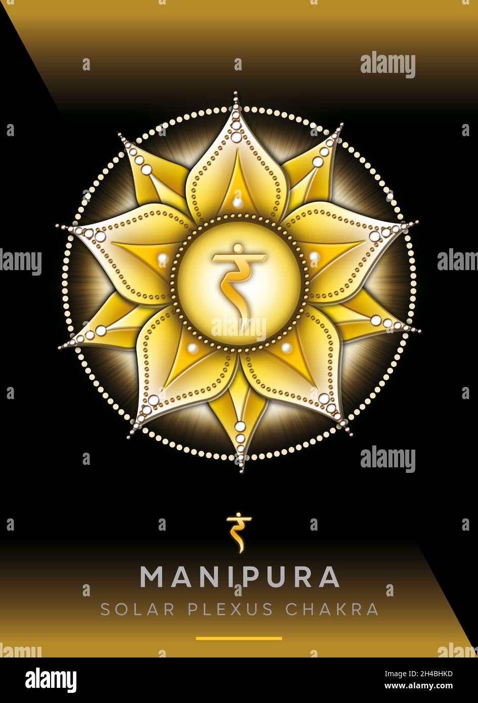Chakra-Symbole, Solar Plexus Chakra - MANIPURA - Stärke, Persönlichkeit, Macht, Entschlossenheit - 'Ich TUE' Stockfoto
