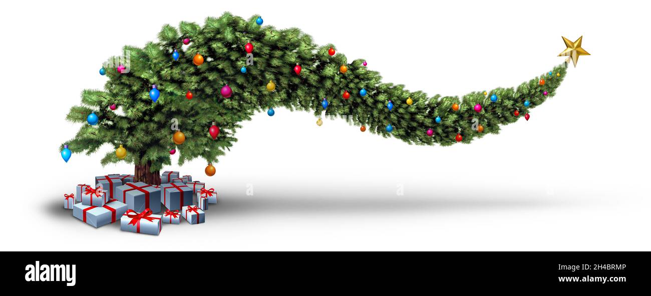 Lustiger Weihnachtsbaum als wirbelig dekorierter Immergrün im horizontalen Design. Stockfoto