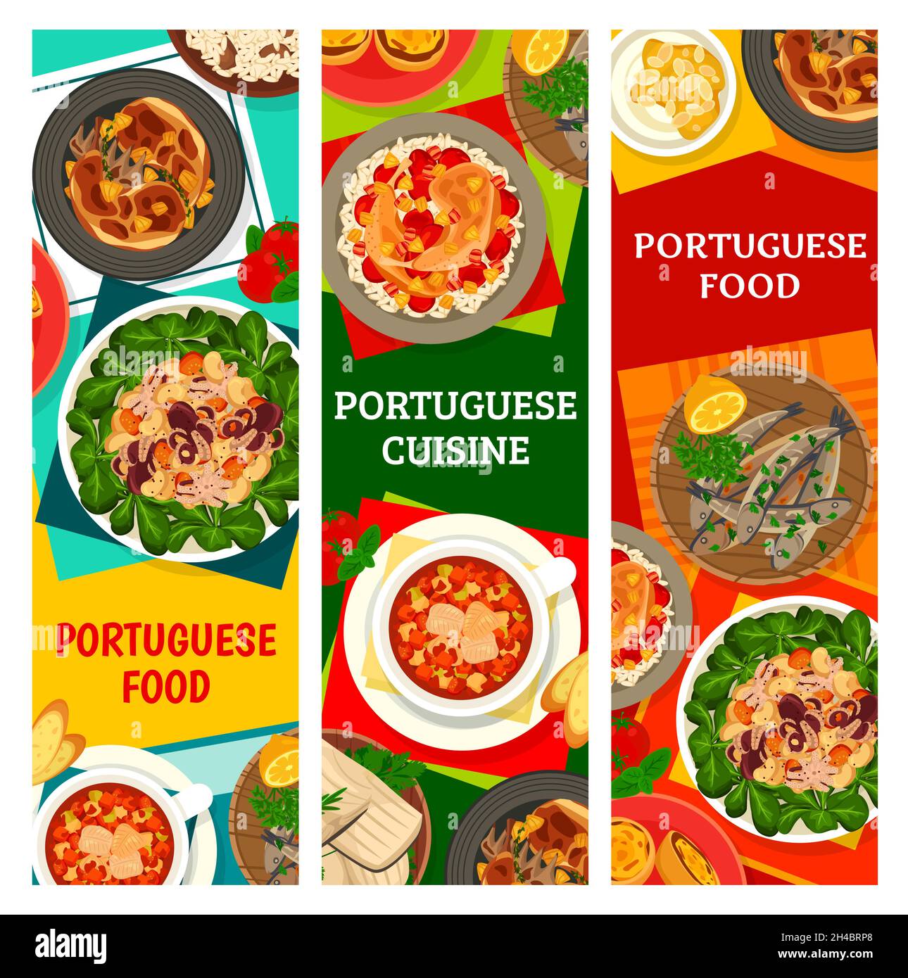 Portugiesische Küche Mahlzeiten, Restaurant Gerichte Banner. Octopus-Salat, Puddingtörtchen und gegrillte Sardinen, Huhn mit Piri Piri-Sauce, gebratenes Kaninchen und Stock Vektor