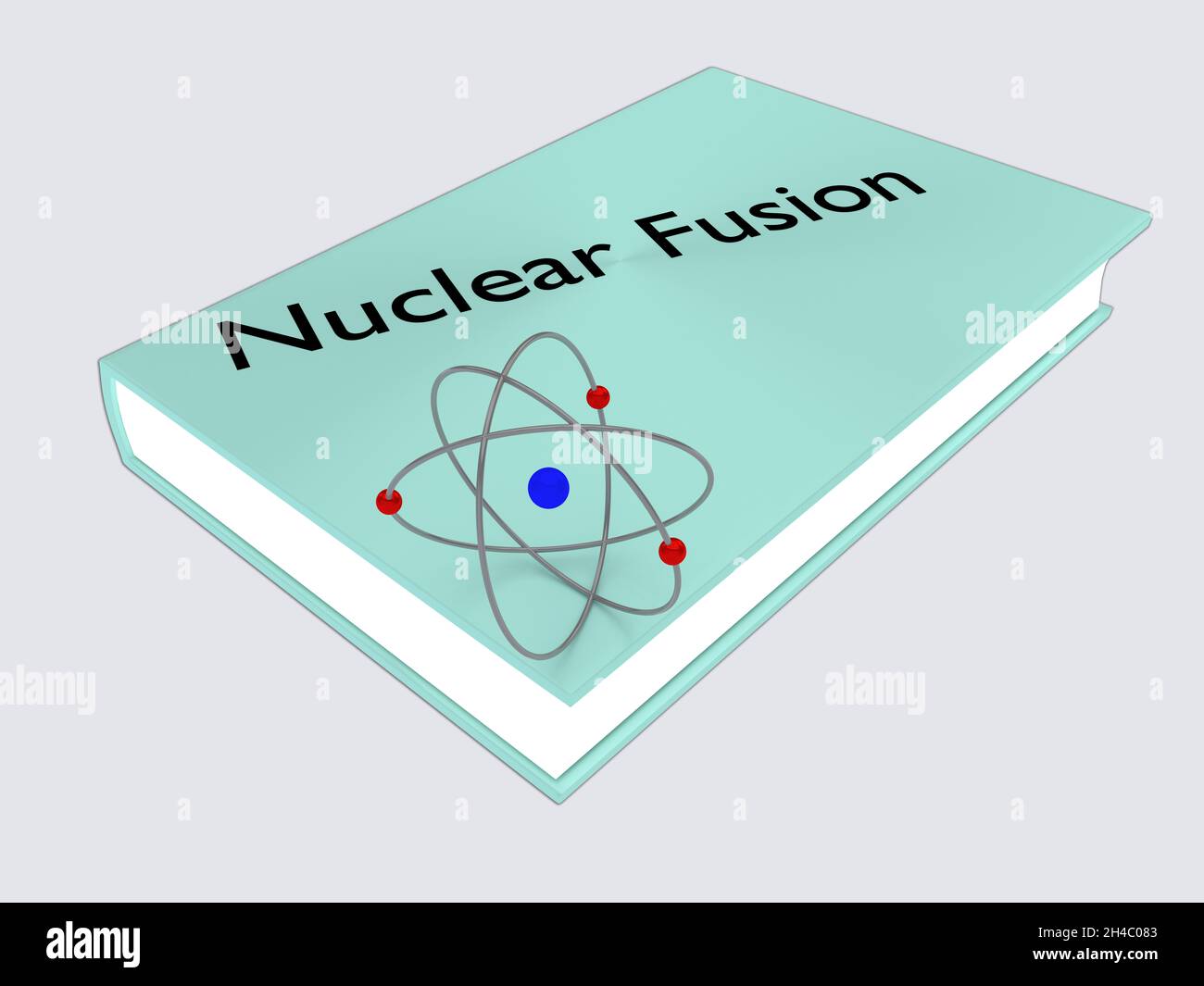 3D-Illustration eines Atoms auf einem Buch mit dem Titel Nuclear Fusion, isoliert über einem hellblauen Gradienten. Stockfoto