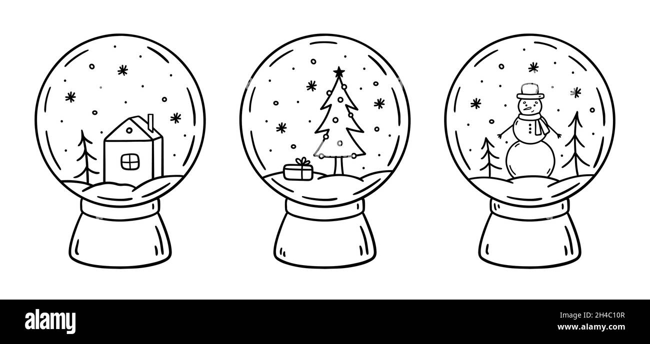 Set aus Schneekugeln aus Glas, isoliert auf weißem Hintergrund. Weihnachtsspielzeug mit verschiedenen Winter-Designs im Inneren dekoriert. Vektor-handgezeichnete Illustration im Doodle-Stil. Perfekt für Urlaubsdesigns, Karten. Stock Vektor