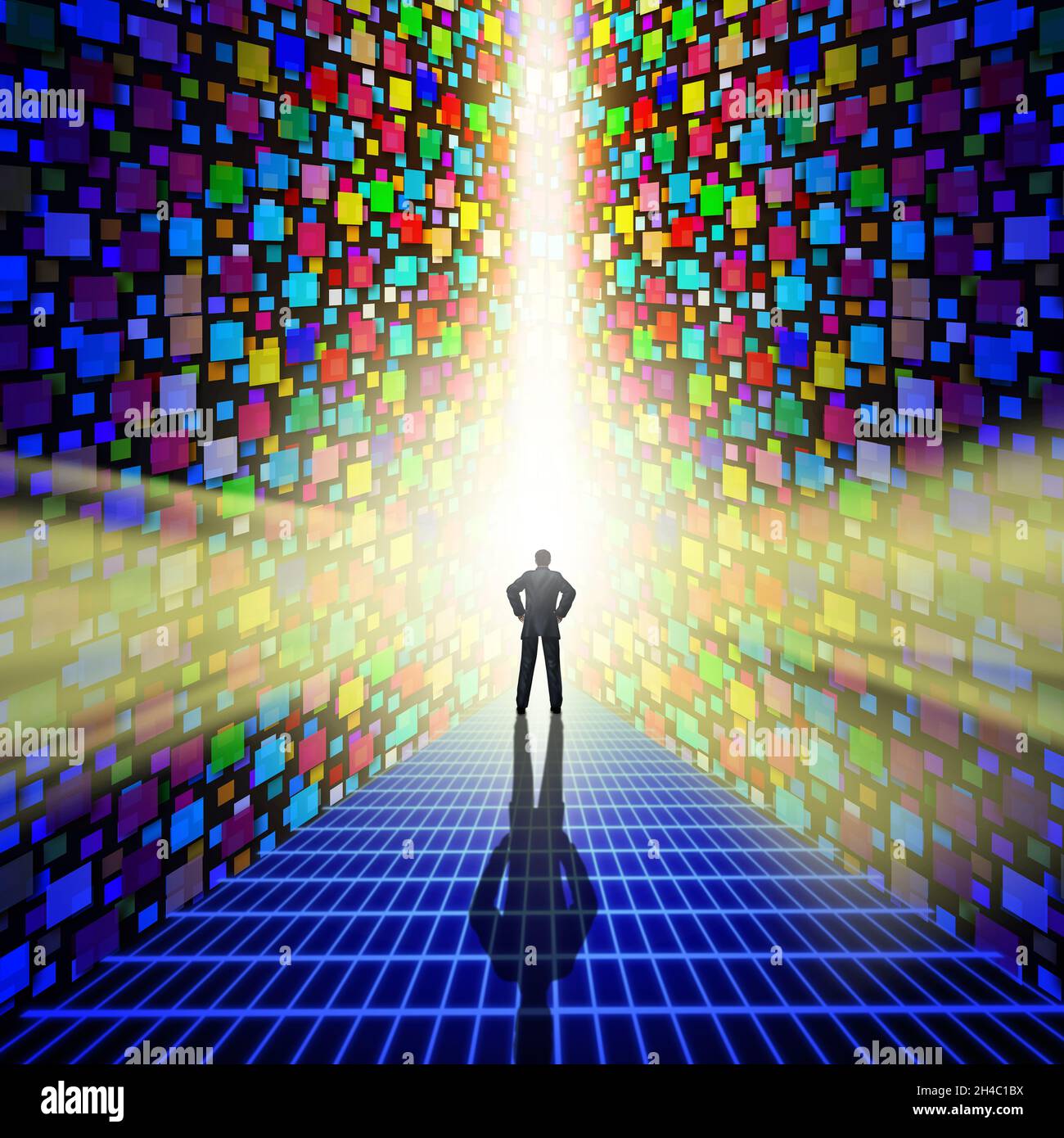Die Zukunft der Technologie und der neuen Technologien als futuristische Tech-Innovation mit einem abstrakt leuchtenden Internet-Hintergrund als virtuell und erweitert. Stockfoto