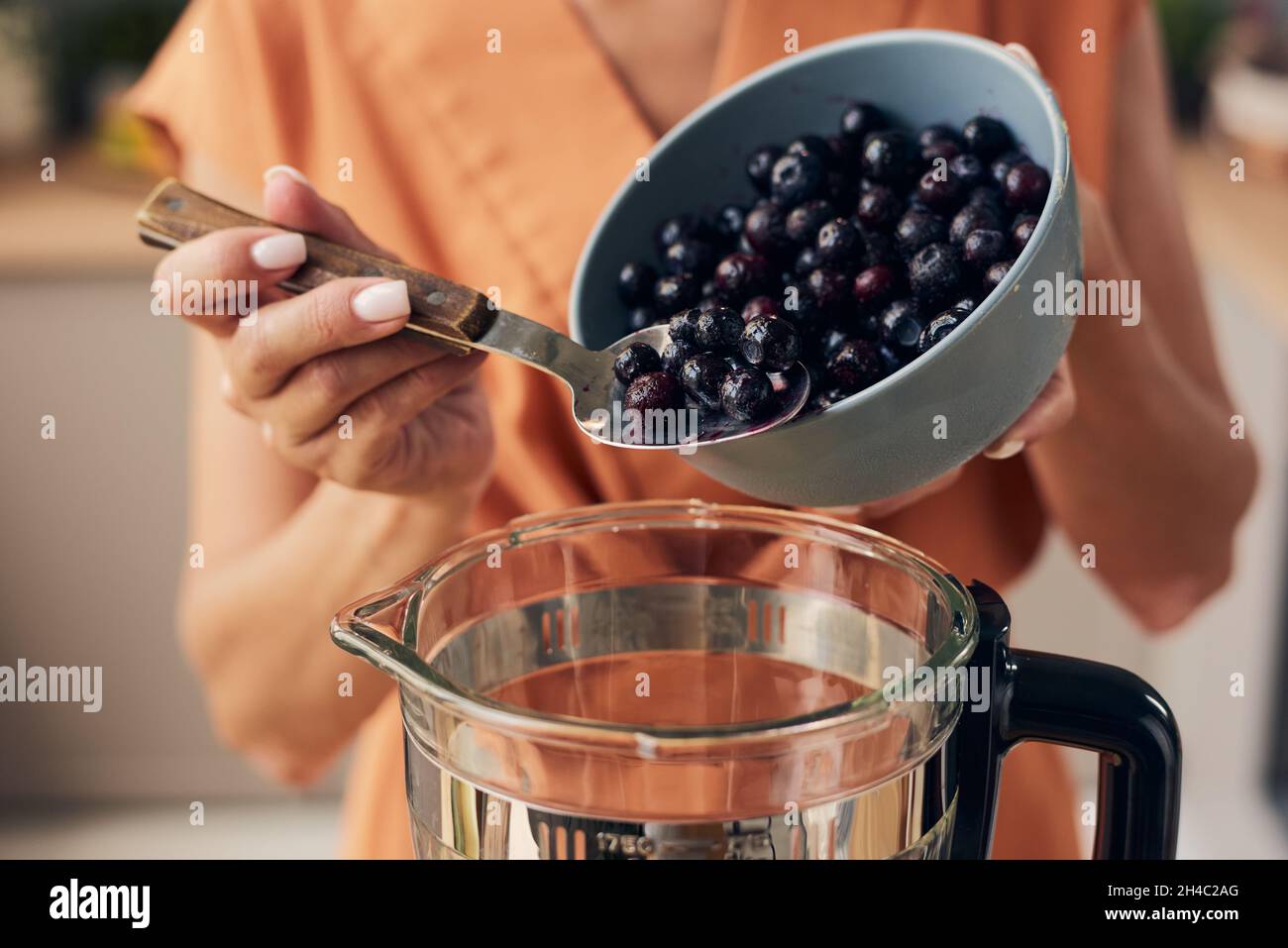 Hände einer jungen Frau, die frische Heidelbeeren in einen elektrischen Mixer gibt, während sie in der Küche hausgemachten Smoothie kocht Stockfoto