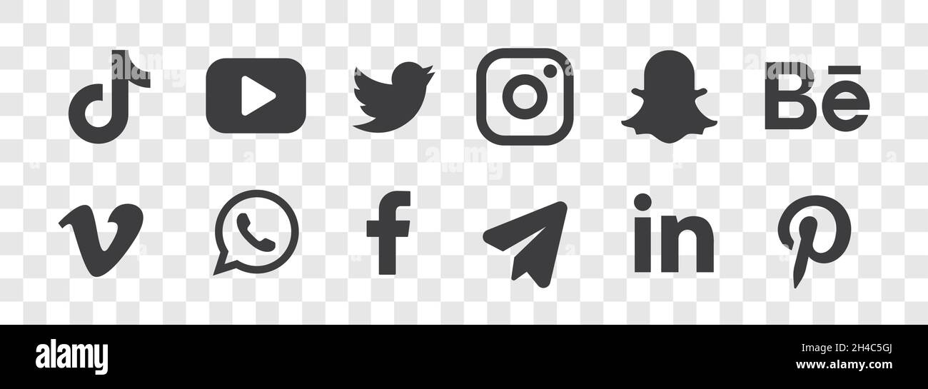 Beliebte Social-Media-Logotypensammlung auf Transparent: Facebook, TikTok, instagram, twitter, youtube, linkedin, pinterest, Periscope, Vimeo. Stock Vektor
