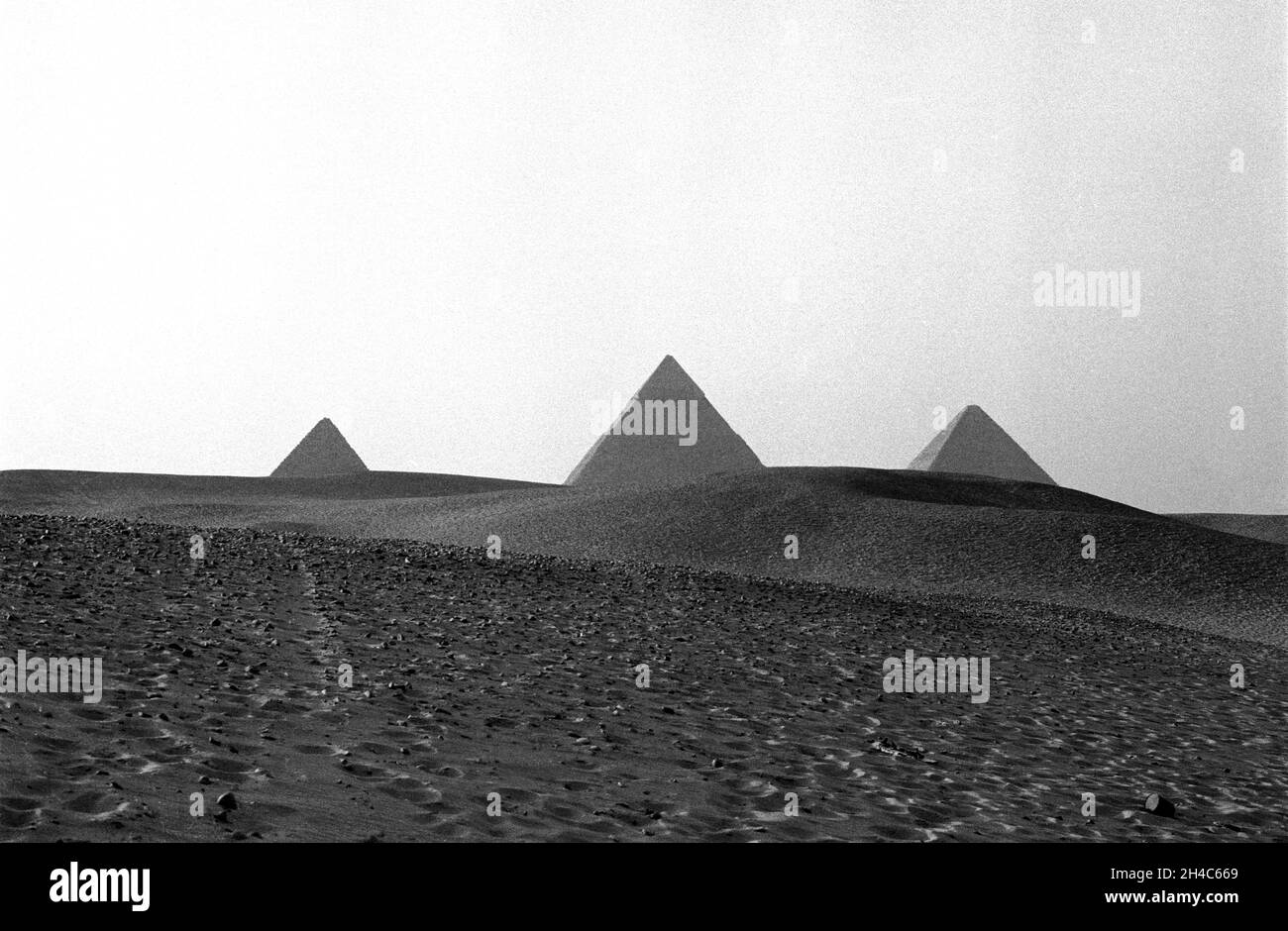 Afrika, Ägypten, Gizeh, 1976. Die drei Großen Pyramiden von Gizeh. Stockfoto