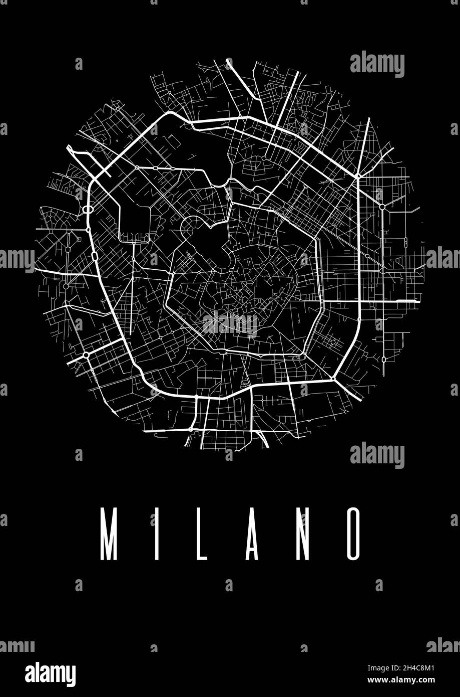 Mailand Kartenvektor schwarzes Poster. Runder Rundblick, Stadtplan von Mailand Stadtdarstellung. Stadtbild Fläche Panorama Silhouette Luftbild, Typografie Stock Vektor
