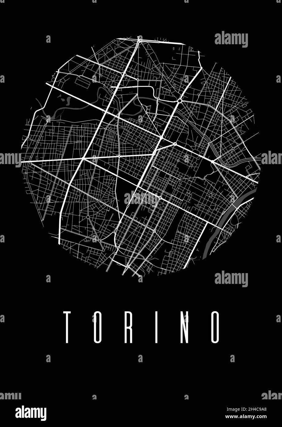 Turin Kartenvektor schwarzes Poster. Runder Rundblick, Stadtplan von Turin City Illustration. Stadtbild Fläche Panorama Silhouette Luftbild, Typografie Stock Vektor