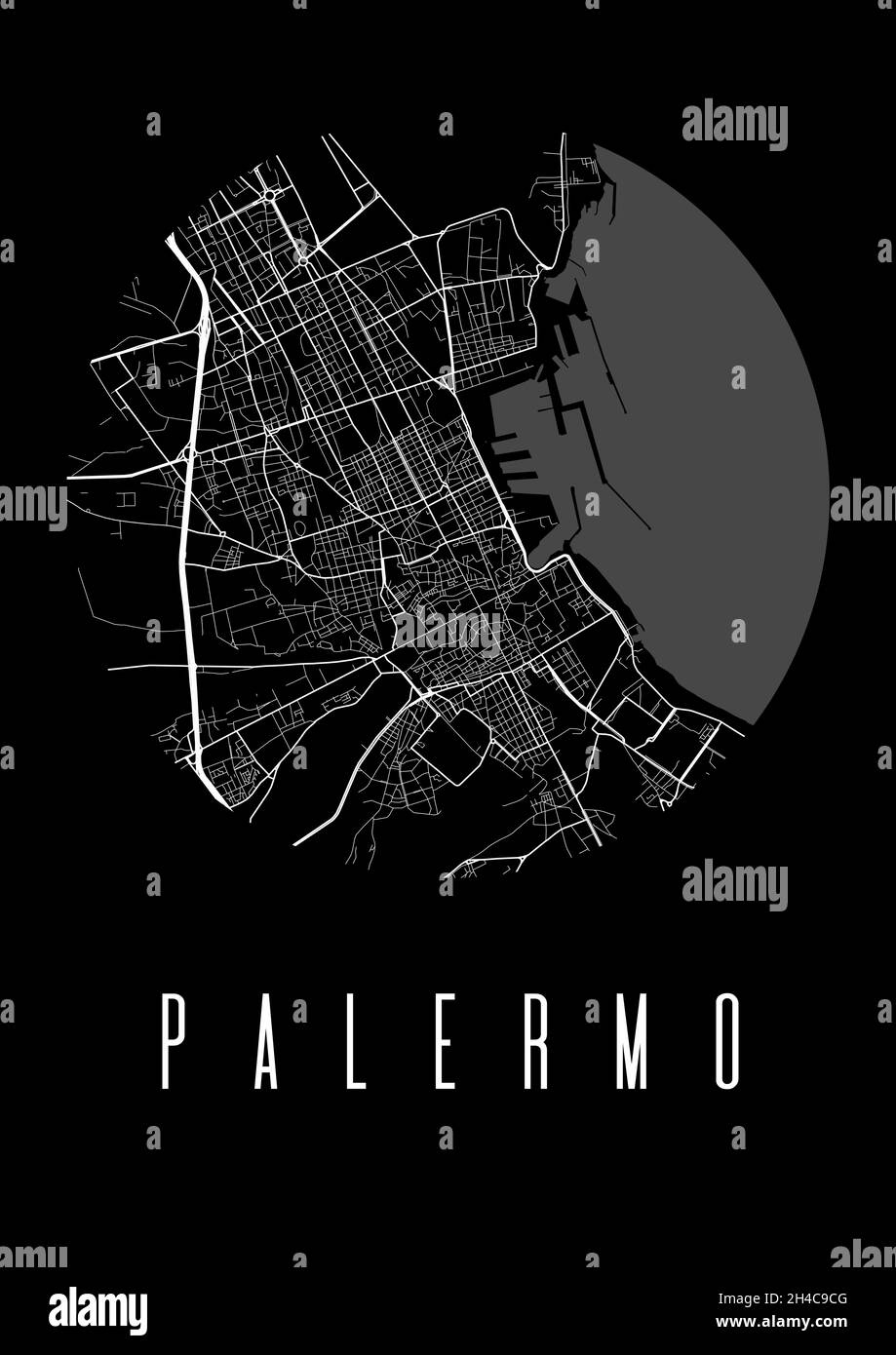 Palermo Kartenvektor schwarzes Poster. Runder Rundblick, Stadtplan von Palermo Stadtdarstellung. Stadtbild Fläche Panorama Silhouette Luftbild, typografisches Stock Vektor