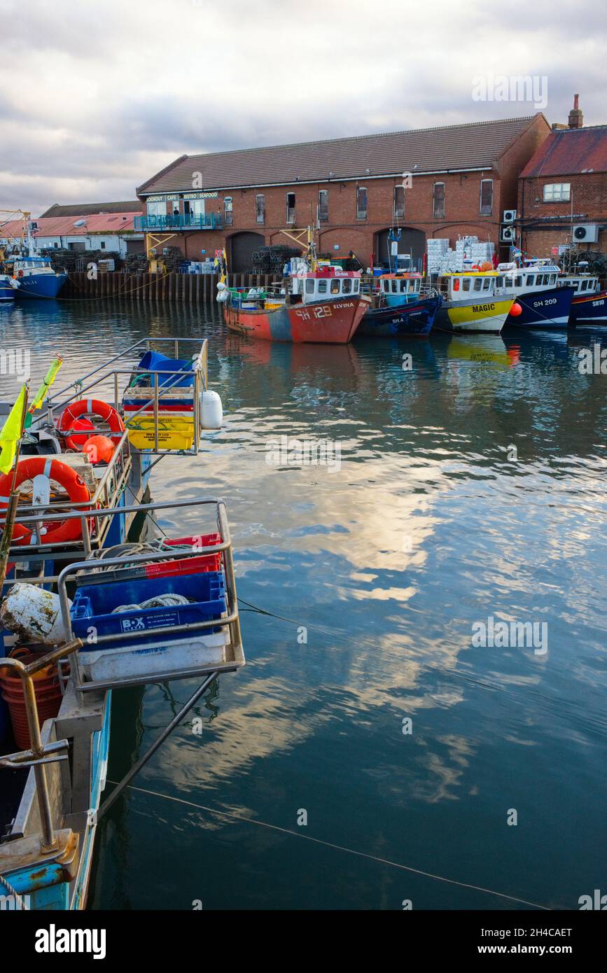 Kleine Fischerboote liegen im Scarborough-Binnenhafen neben dem Anlegesteg für die Fischverarbeitung Stockfoto