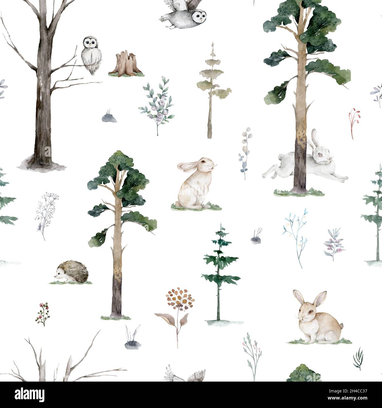 Aquarell Woodland Tiere nahtlose Muster. Stoff Tapete Hintergrund mit Eule, Igel, Fuchs und Schmetterling, Vogel Baby Tier, skandinavisch Stockfoto