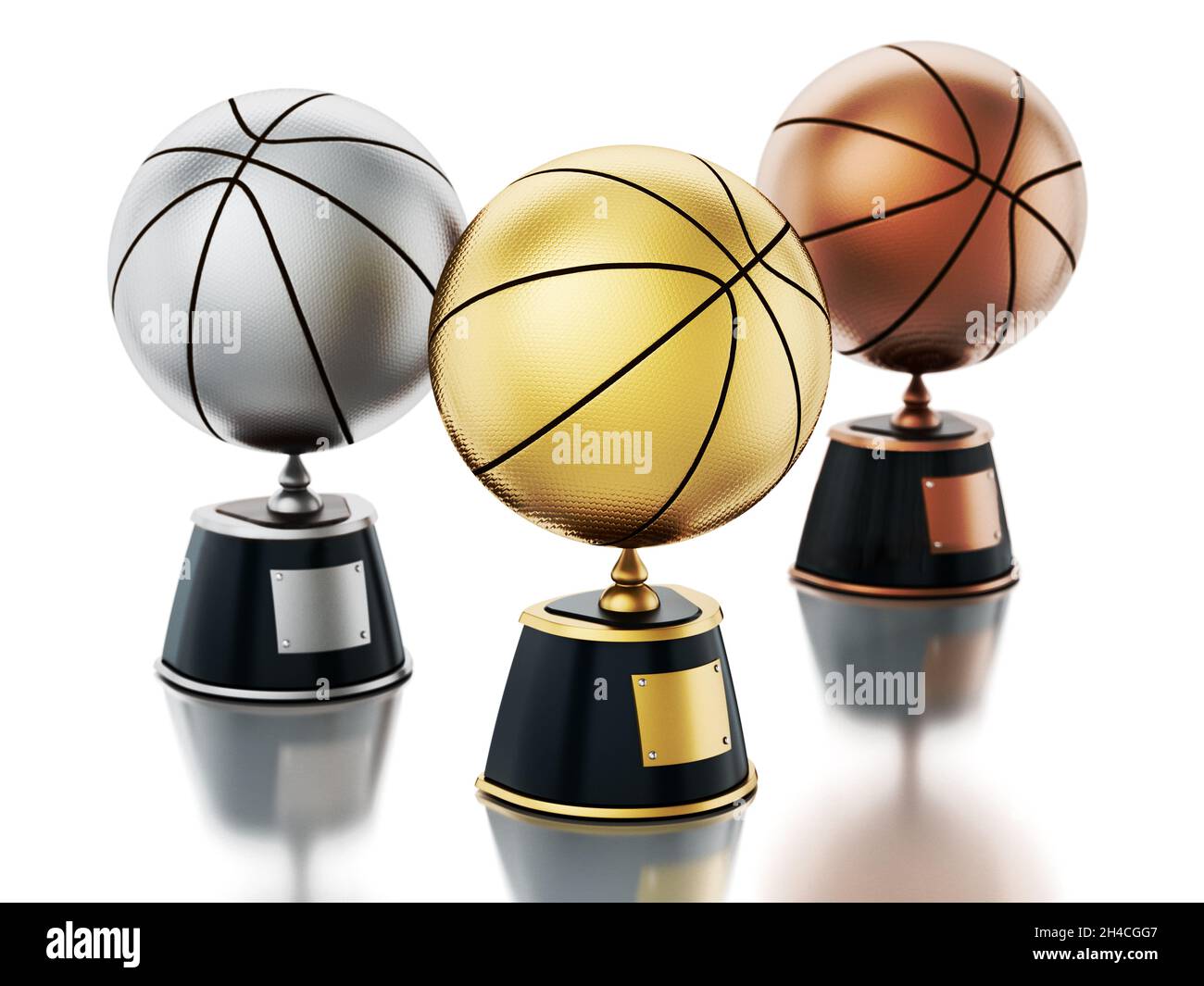 Korbkugeln aus Gold, Silber und Bronze auf Sockeln. Basketball erster, zweiter und dritter Platz. 3D-Illustration. Stockfoto