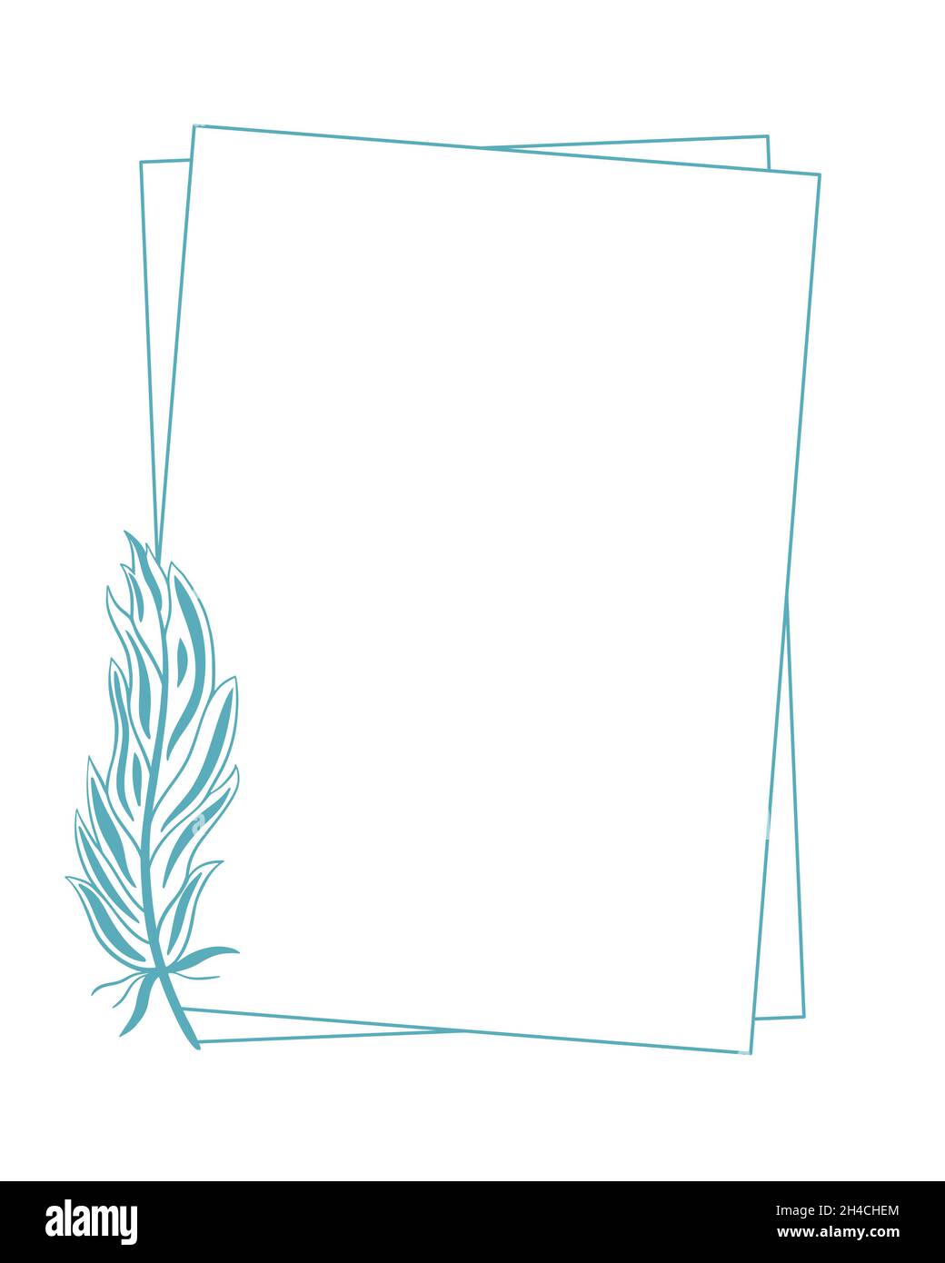 Rechteckiger Rahmen mit Feder, Vektorgrafik. Vorlage für Postkarte, Einladung oder Karte. Dekoriert blank umrandet mit bemalten Feder. Stock Vektor