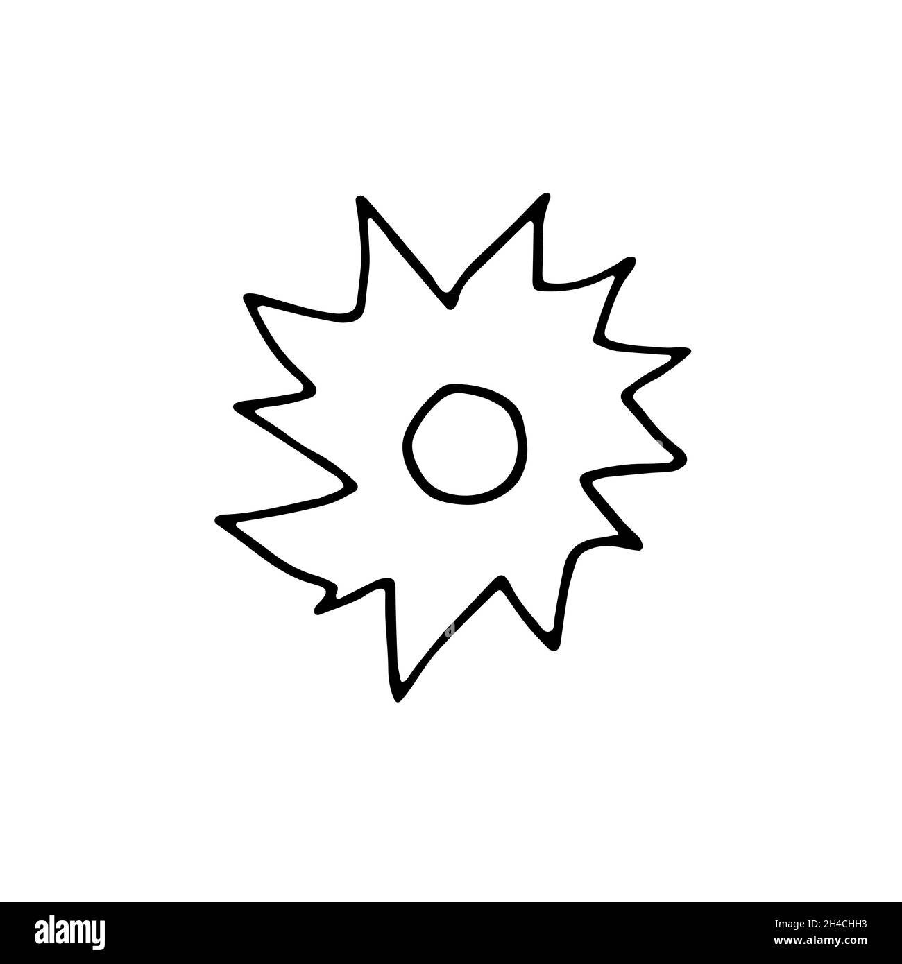 Doodle Sun. Handgezeichneter Sol auf weißem Hintergrund isoliert. Umreißen Sie das astronomische Objekt. Sonniger Tag, klares Wetter, Synoptic-Schild. Urlaub, Reisen, Solar Stock Vektor