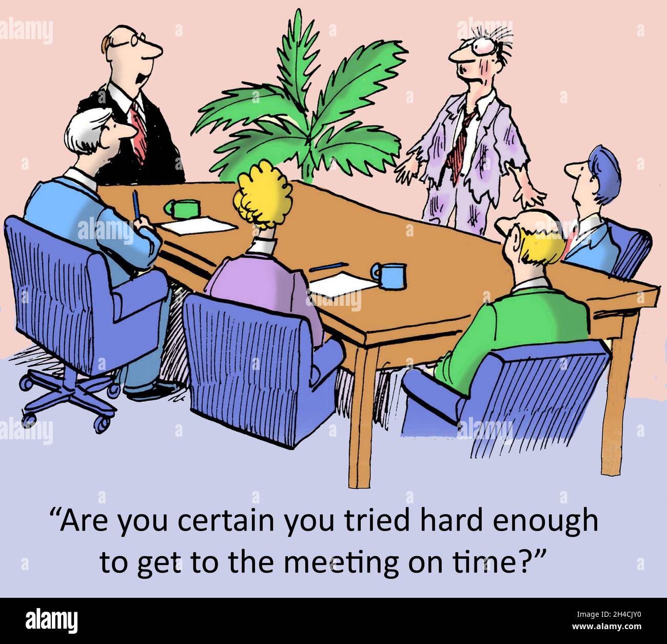 Ein Manager hat sich sehr bemüht, ein Meeting zu machen. Stockfoto