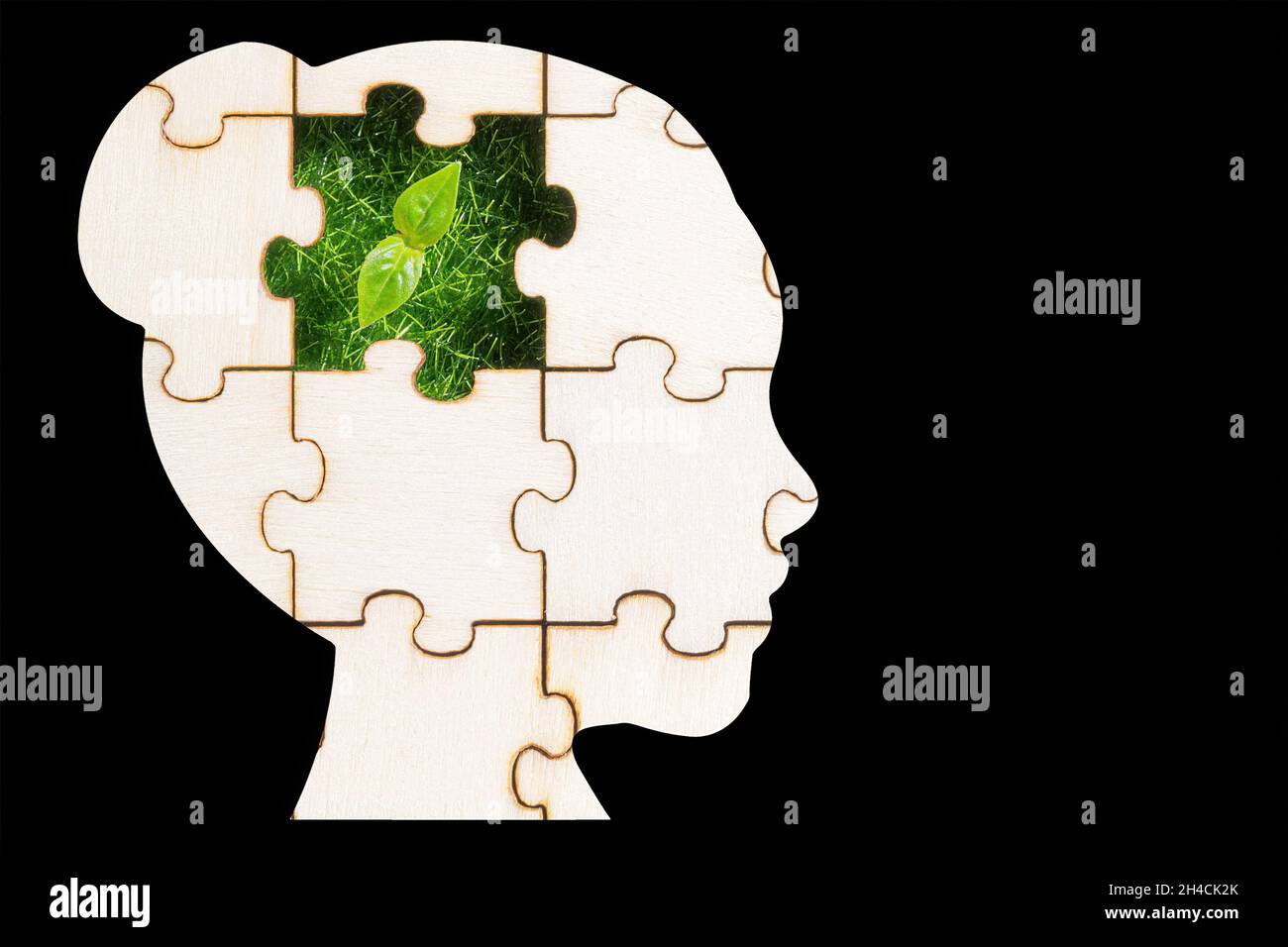 Puzzle mit einem grünen Sprossen, das durch das fehlende Teil sichtbar ist, in Form eines Frauenkopfs. Das Konzept, jemandem eine Idee in den Sinn zu bringen. Stockfoto