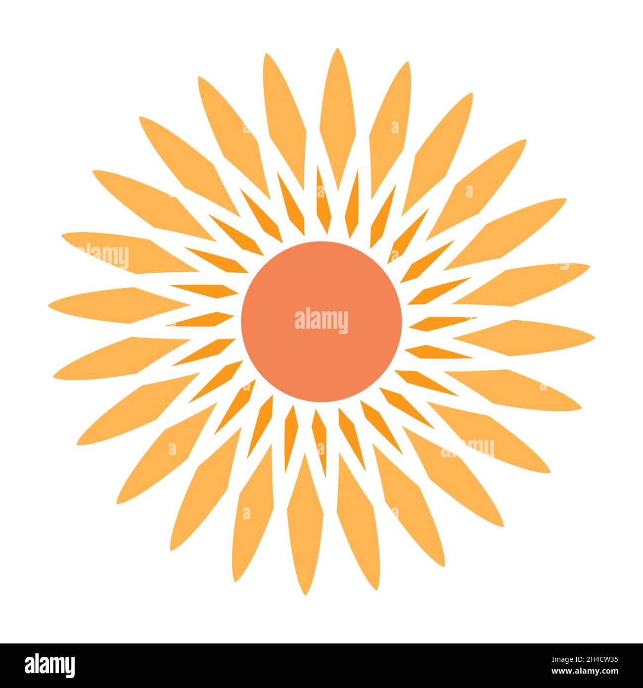 Sonne mit warmen orangefarbenen Lichtstrahlen in Form einer Blumenstockdarstellung Stock Vektor