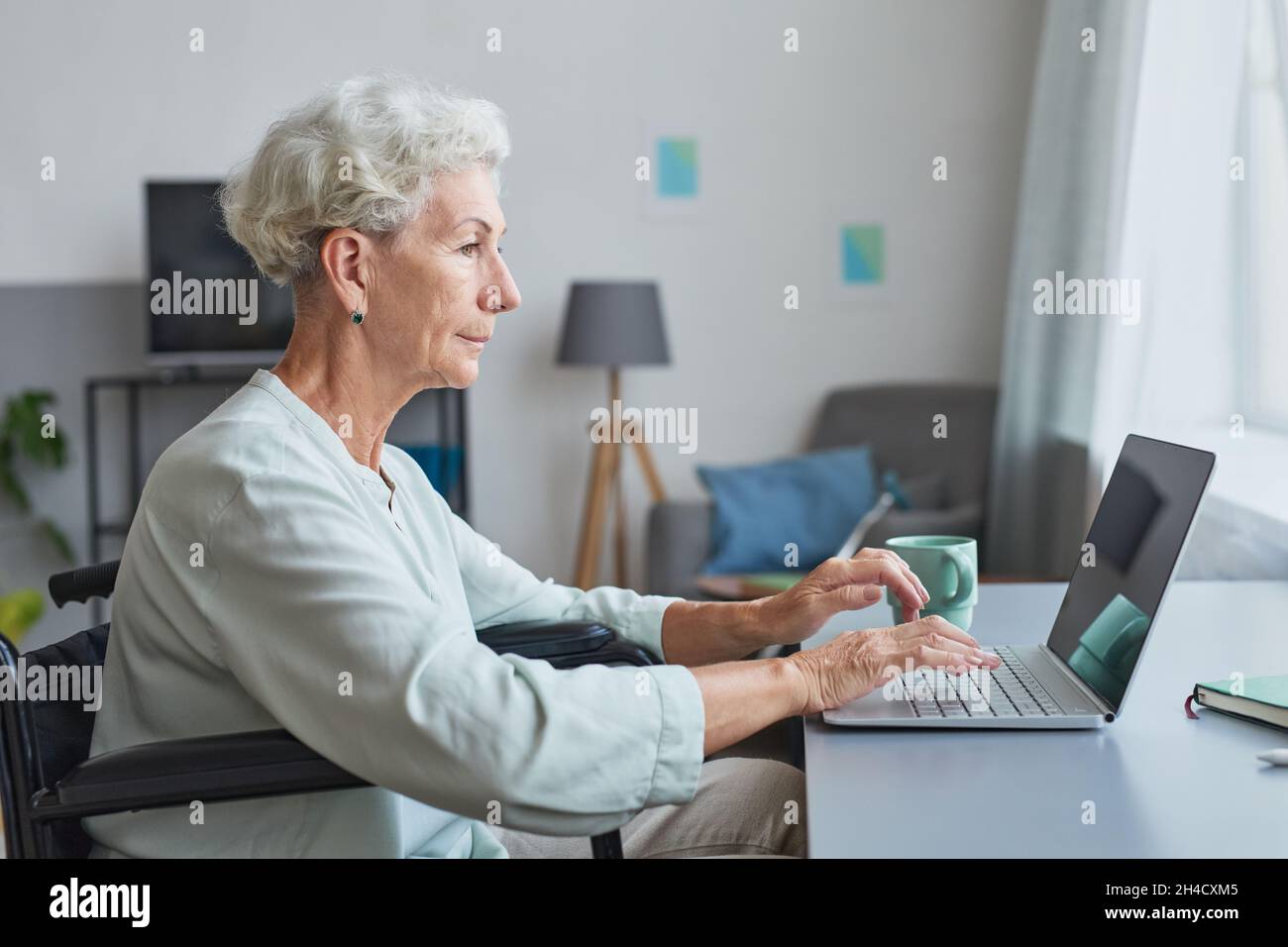 Seitenansicht Porträt einer weißhaarigen älteren Frau im Rollstuhl, die zu Hause einen Laptop benutzt, Platz zum Kopieren Stockfoto