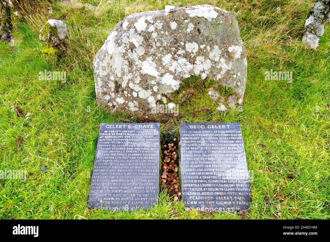 Das Grab von Gelert - das Grab von Gelert, dem Hund einer walisischen Legende in der Nähe des Dorfes Beddgelert, Snowdonia, Wales, Großbritannien Stockfoto