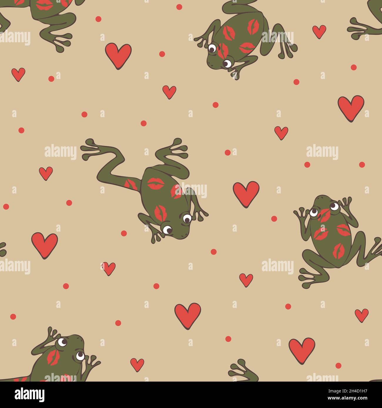 Nahtloses Vektor-Muster mit Fröschen und Liebesherzen auf rosa Hintergrund. Valentinstag Tapete Design mit Kiss me Frosch Prinz. Tiermotiven. Stock Vektor