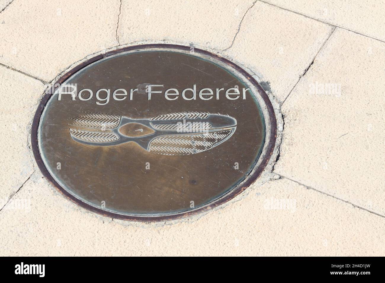 Barcelona, Spanien - 16. Juli 2013: Footprint von Roger Federer in der Nähe des Olympiastadions in Montjuic, Barcelona, Spanien Stockfoto