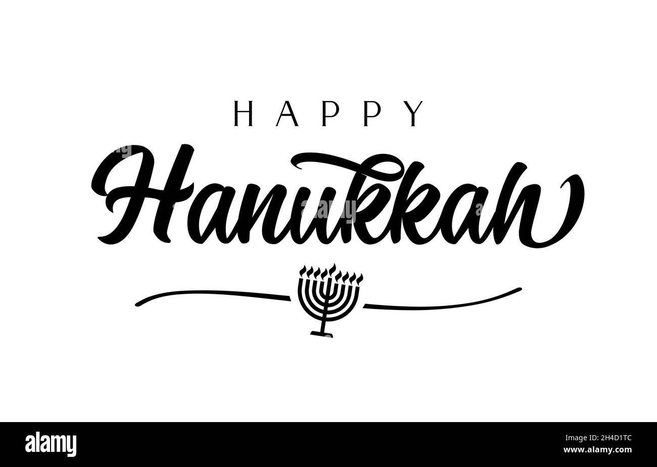 Happy Hanukka elegante Kalligraphie und Menorah. Vectror hanukka schwarzer Kandelaber-Ikone mit acht Zweigen und einer isolierten Linie auf weißem Hintergrund Stock Vektor