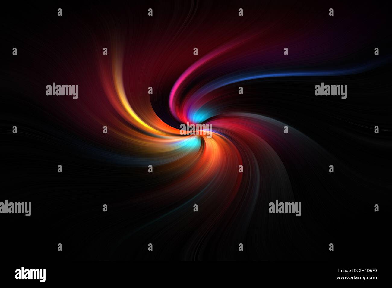 Striped-Technologie, Hi-Tech- oder Sci-Fi-Hintergrund, abstraktes, computergeneriertes Bild. Fraktale Geometrie: Schwarze, blaue, gelbe, rote Spirale mit gewelltem Strahl Stockfoto