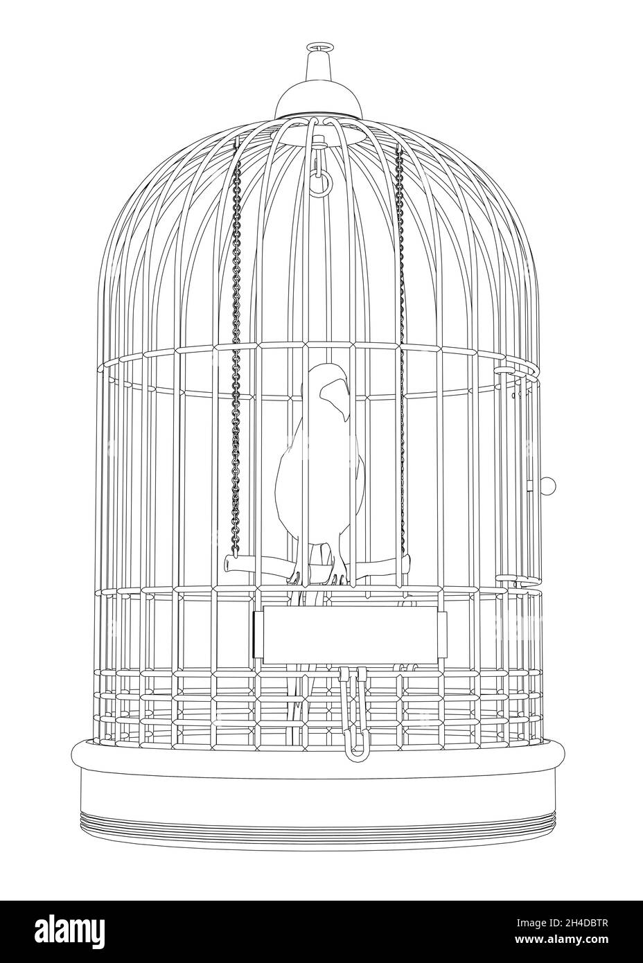 Kontur eines Papageien in einem Käfig aus schwarzen Linien isoliert auf weißem Hintergrund. Vorderansicht. Vektorgrafik Stock Vektor