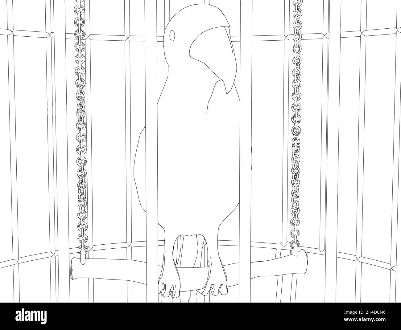 Kontur eines Papageien in einem Käfig aus schwarzen Linien isoliert auf weißem Hintergrund. Vektorgrafik Stock Vektor