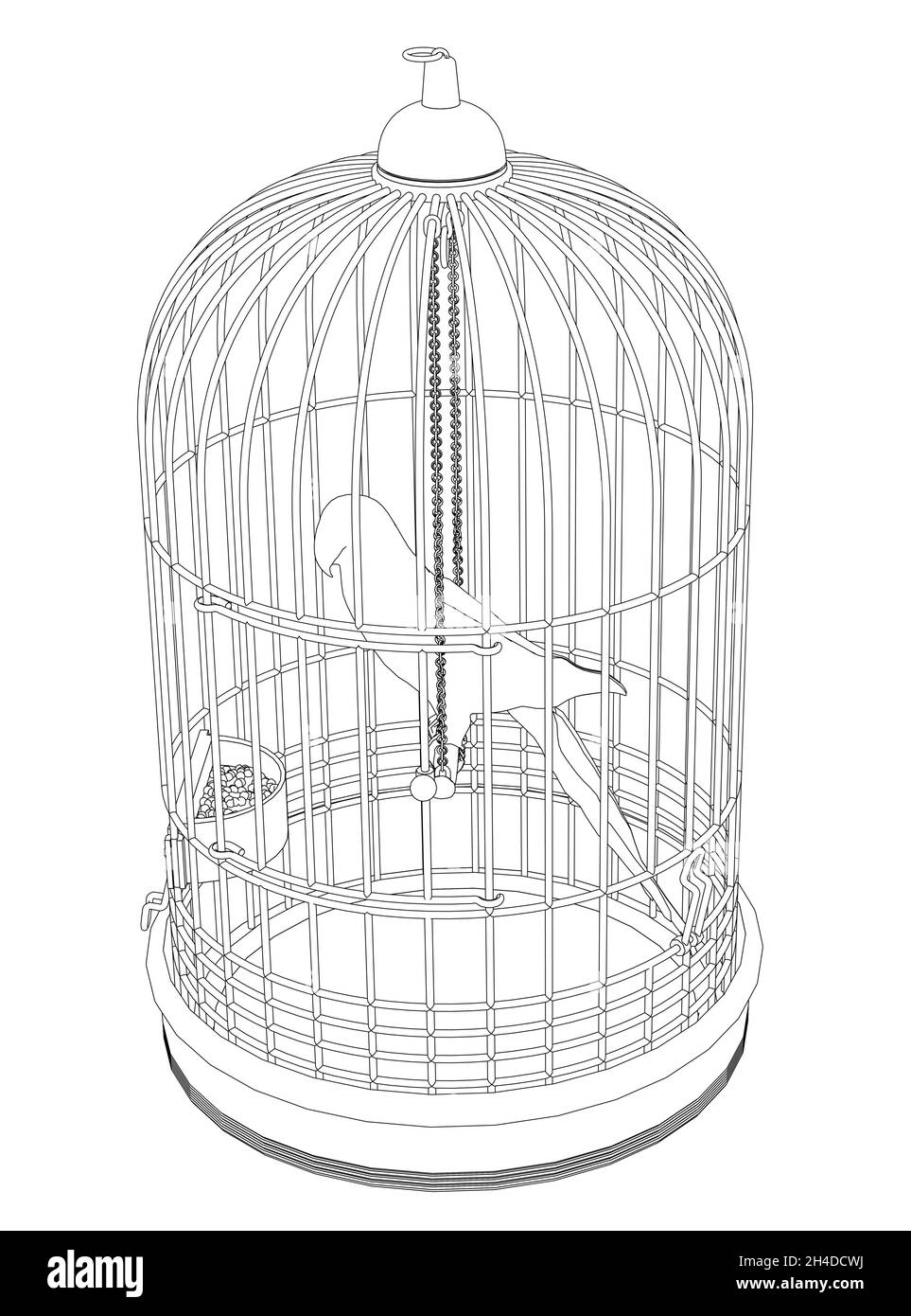 Kontur eines Papageien in einem Käfig aus schwarzen Linien isoliert auf weißem Hintergrund. Isometrische Ansicht. Vektorgrafik Stock Vektor
