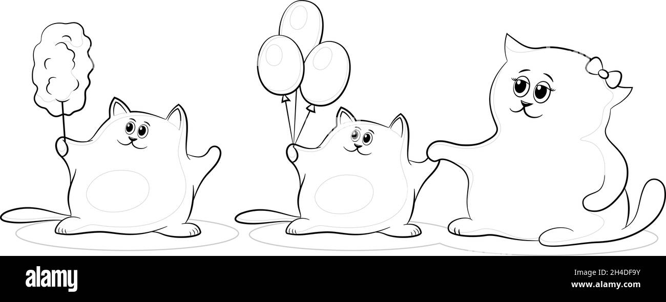 Cartoon Katzen Mama und Kinder mit Süßigkeiten Floss und Ballons, schwarze Konturen isoliert auf weißem Hintergrund. Vektor Stock Vektor